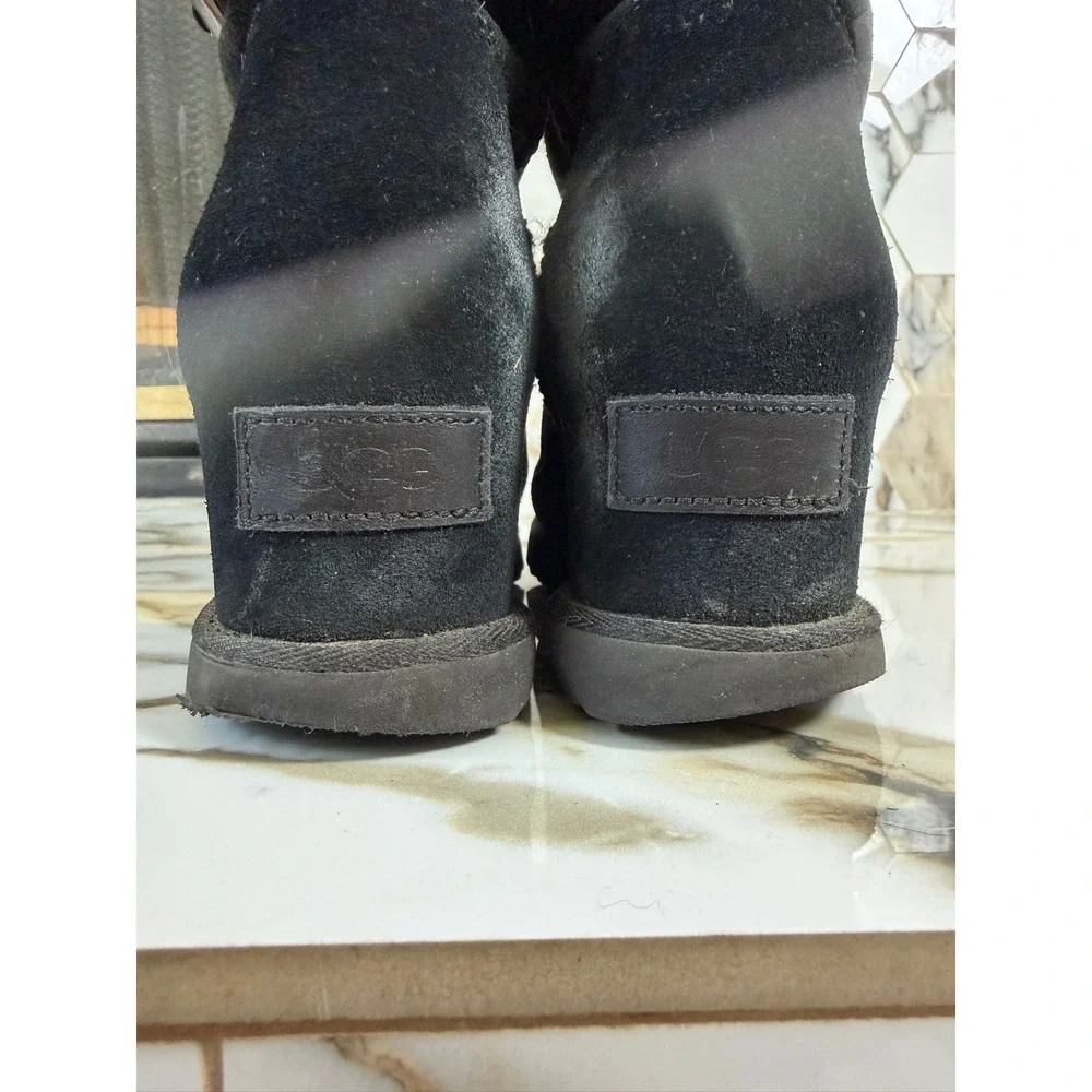 UGG Classic Femme Toggle Wedge Boots Women 6 Black Suede Shearling Ankle Booties